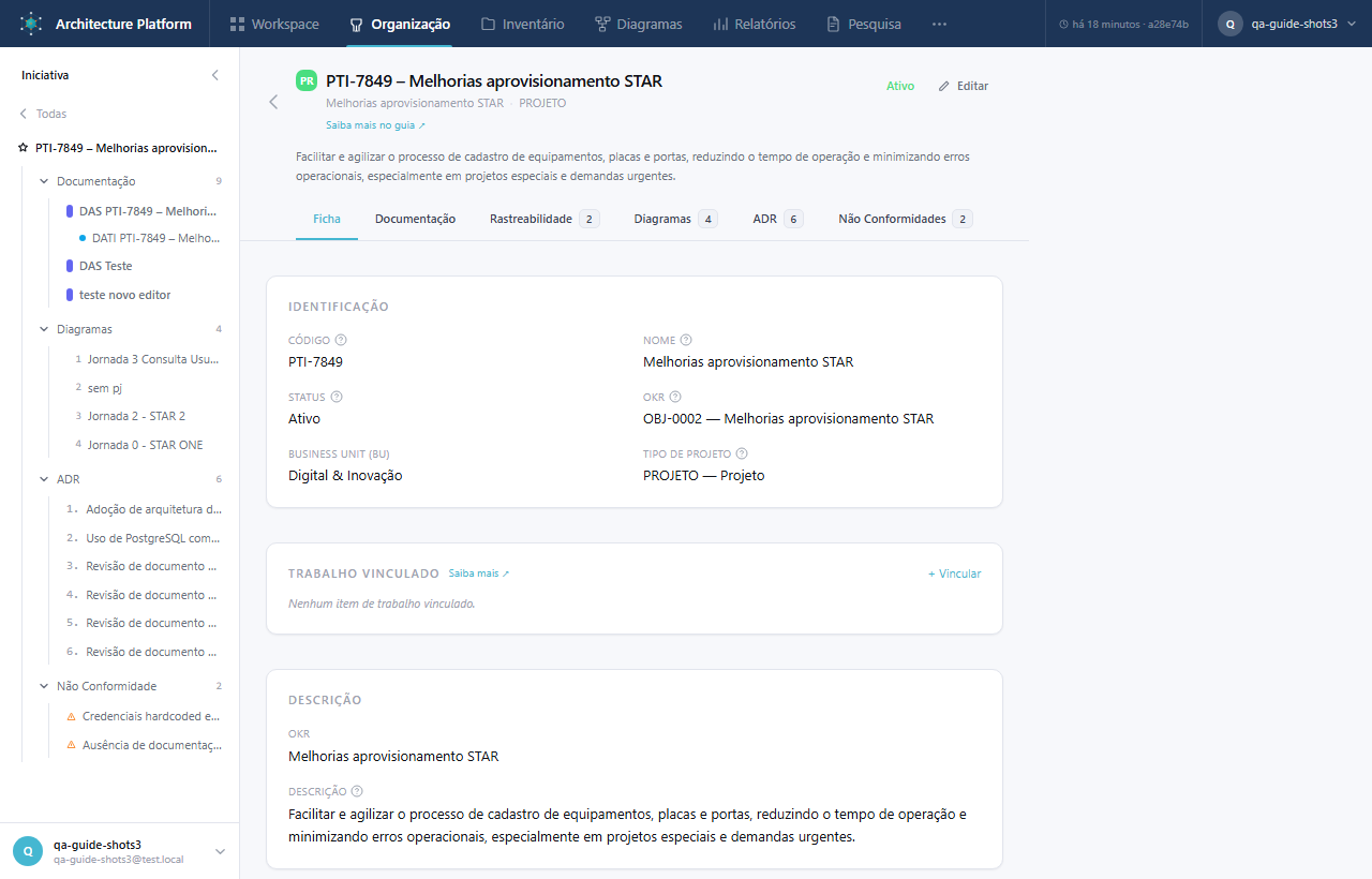 Ficha real de uma iniciativa mostrando as abas Documentação, Rastreabilidade, Diagramas, ADR e Não Conformidades, com contadores reais
