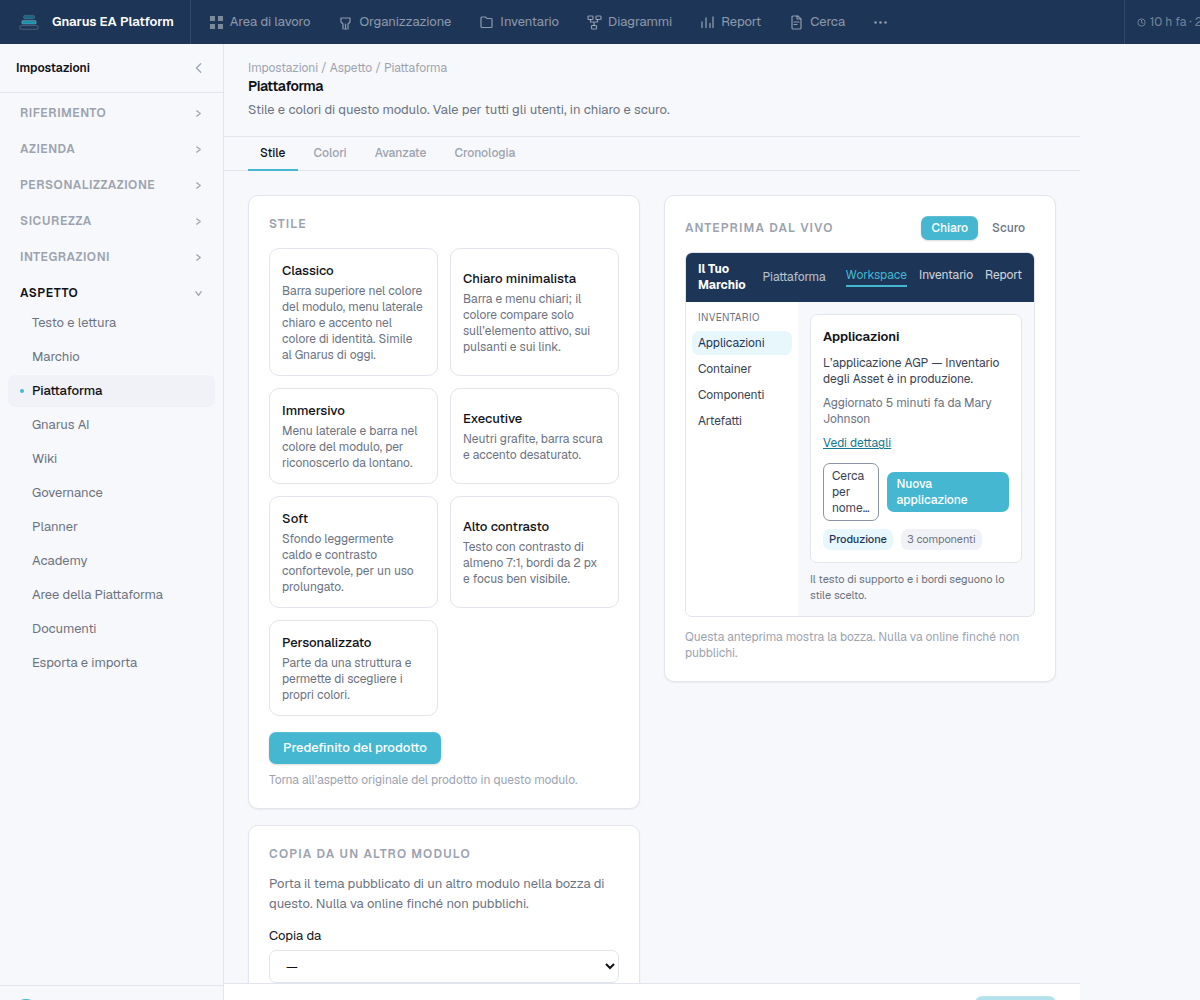 Schermata Aspetto di Gnarus con gli stili Classico, Chiaro minimalista, Immersivo, Executive, Soft, Alto contrasto e Personalizzato, e l’anteprima dal vivo